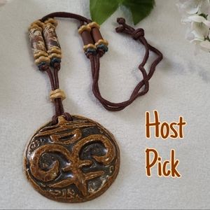 Handcrafted Tribal Necklace African Clay Ethnic Ram Horns Carved Beads Dragon